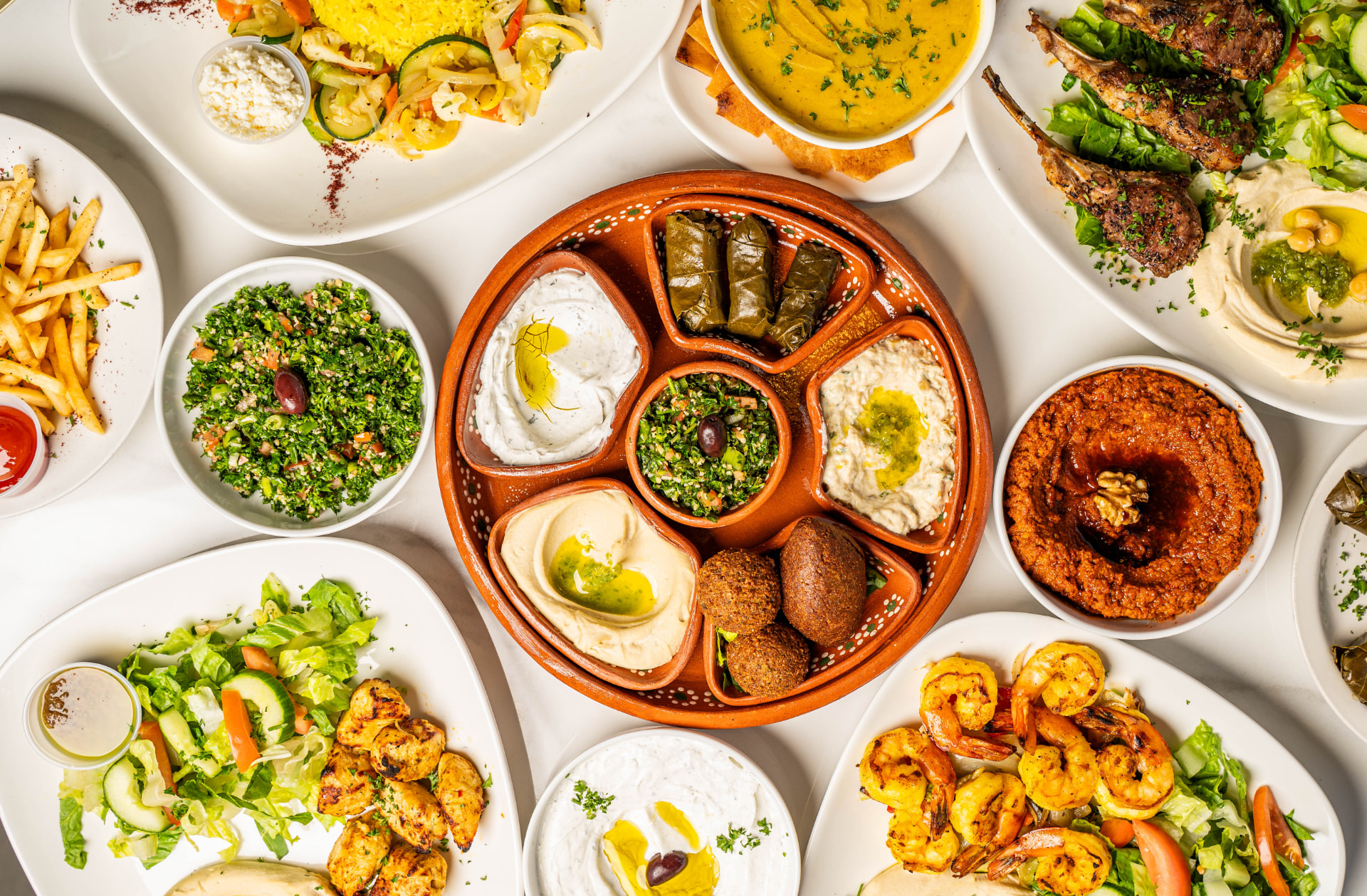 Mona's mezze platter with hummus, baba ghanuj and falafel